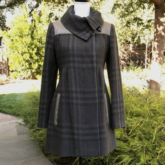 Mackage Wool Plaid Coat with Leather Trim